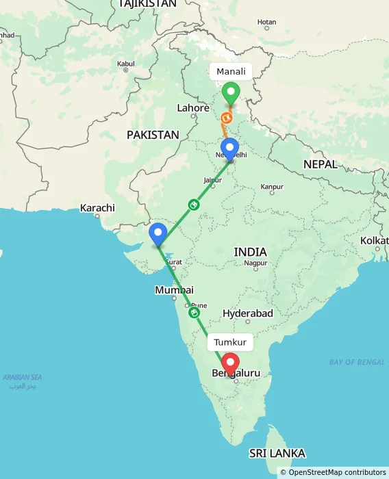Route map showing distance and travel time from Manali, India to Tumkur, India