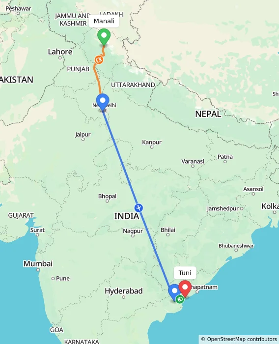 Route map showing distance and travel time from Manali, India to Tuni, India