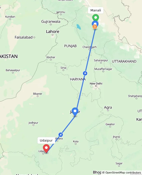 Route map showing distance and travel time from Manali, India to Udaipur, India