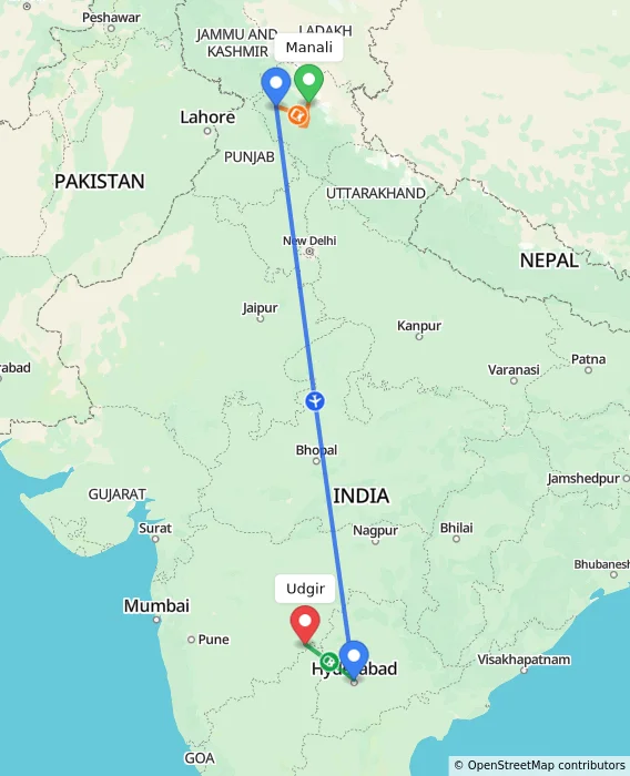 Route map showing distance and travel time from Manali, India to Udgir, India