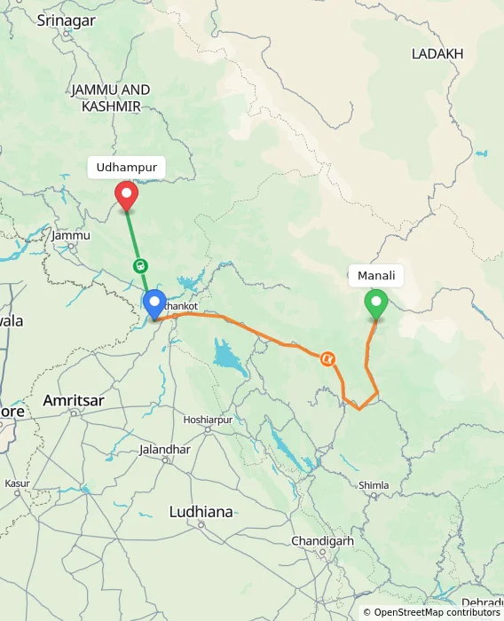 Route map showing distance and travel time from Manali, India to Udhampur, India