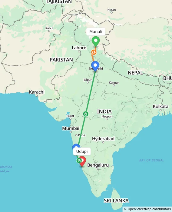 Route map showing distance and travel time from Manali, India to Udupi, India