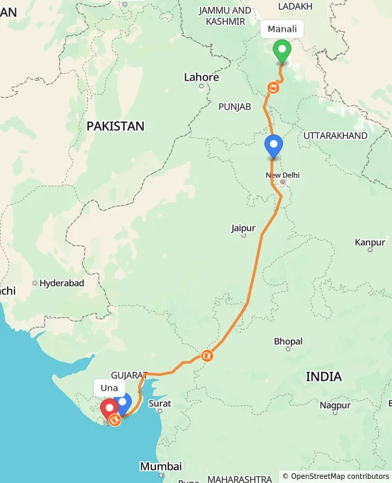 Route map showing distance and travel time from Manali, India to Una, India