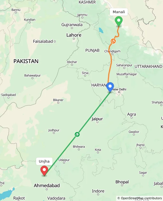 Route map showing distance and travel time from Manali, India to Unjha, India