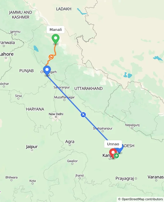 Route map showing distance and travel time from Manali, India to Unnao, India
