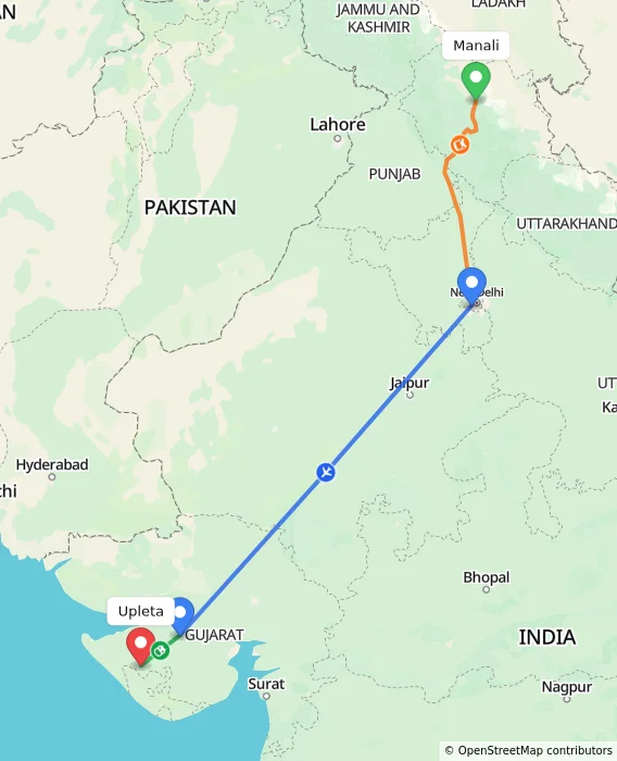 Route map showing distance and travel time from Manali, India to Upleta, India