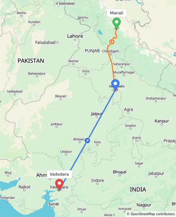 Route map showing distance and travel time from Manali, India to Vadodara, India