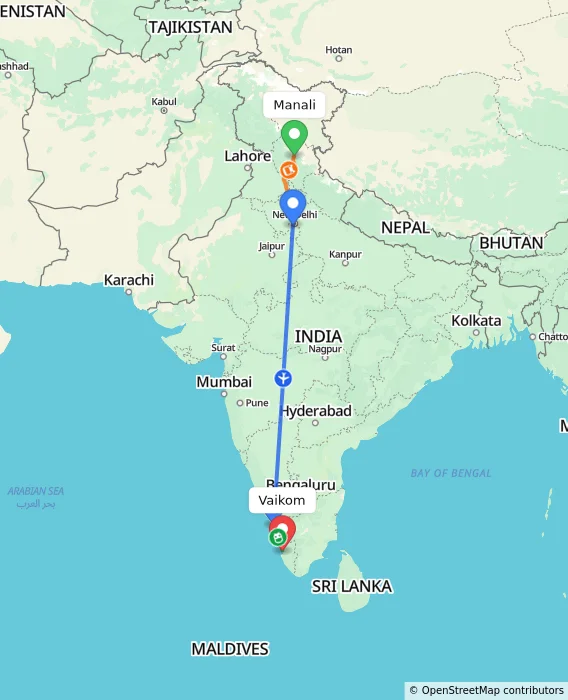 Route map showing distance and travel time from Manali, India to Vaikom, India