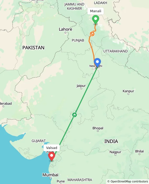 Route map showing distance and travel time from Manali, India to Valsad, India