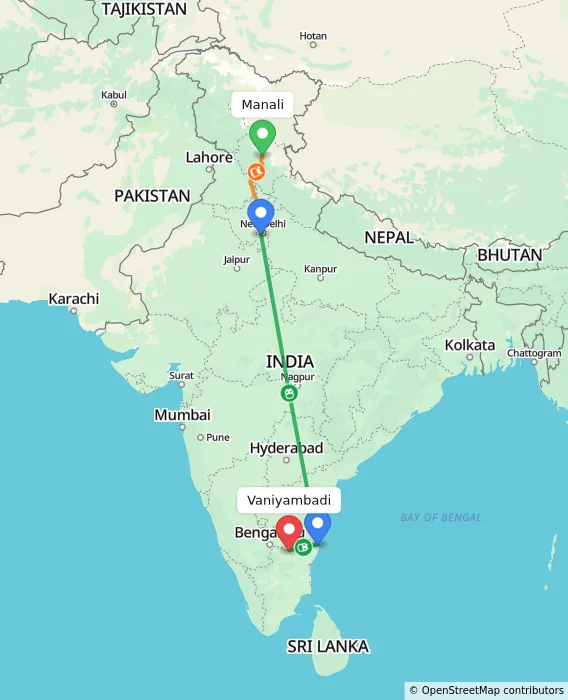 Route map showing distance and travel time from Manali, India to Vaniyambadi, India