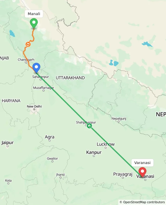 Route map showing distance and travel time from Manali, India to Varanasi, India