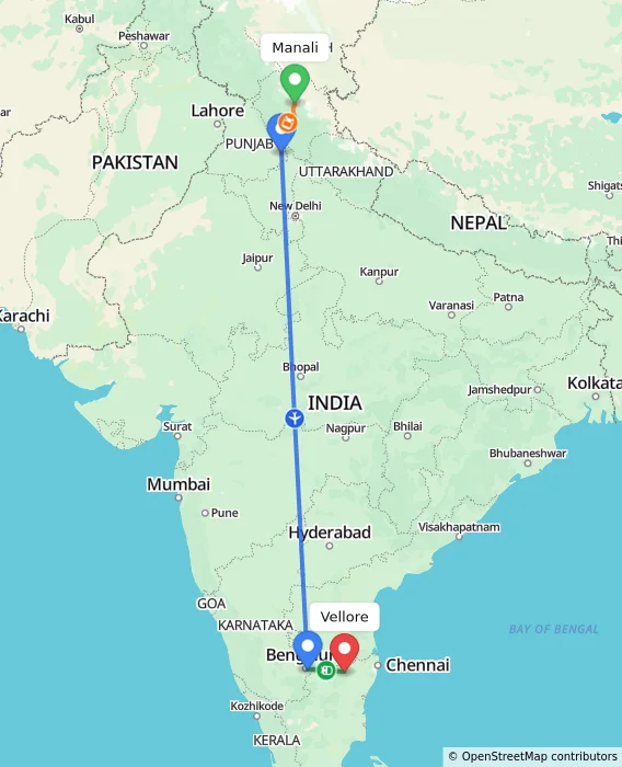 Route map showing distance and travel time from Manali, India to Vellore, India