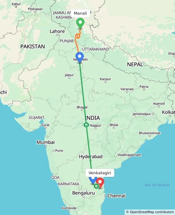 Route map showing distance and travel time from Manali, India to Venkatagiri, India