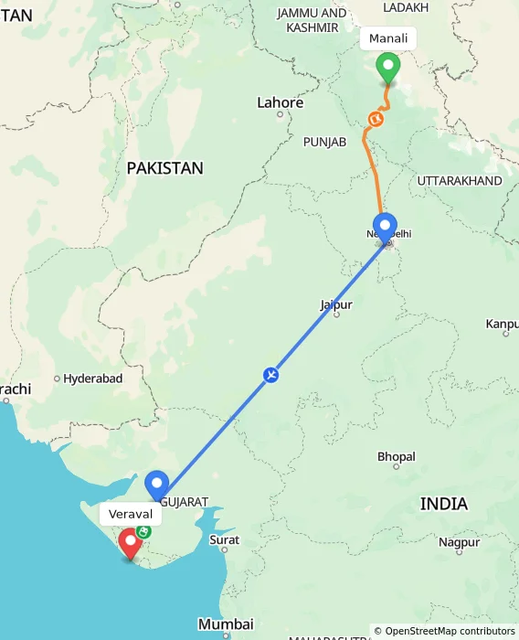 Route map showing distance and travel time from Manali, India to Veraval, India