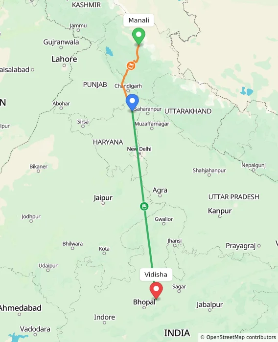 Route map showing distance and travel time from Manali, India to Vidisha, India