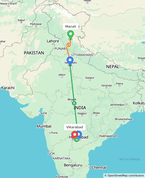 Route map showing distance and travel time from Manali, India to Vikarabad, India