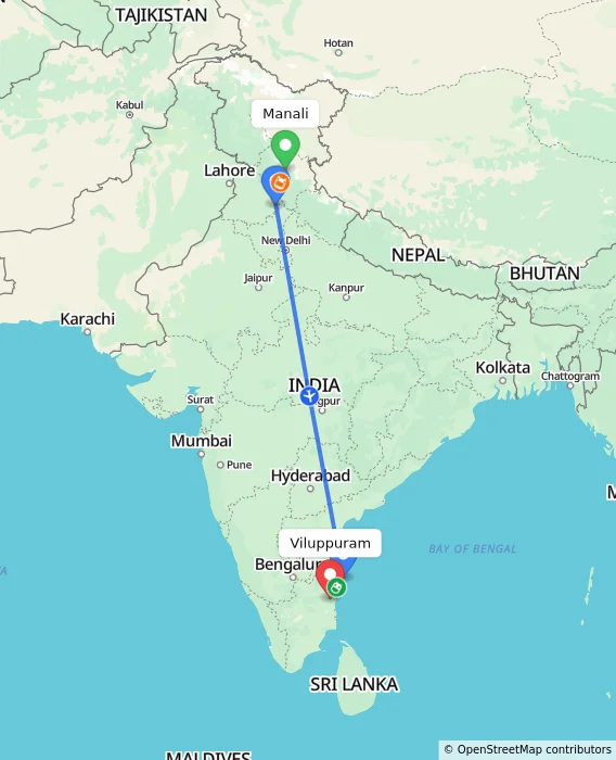 Route map showing distance and travel time from Manali, India to Viluppuram, India