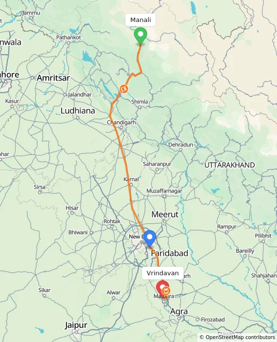 Route map showing distance and travel time from Manali, India to Vrindavan, India