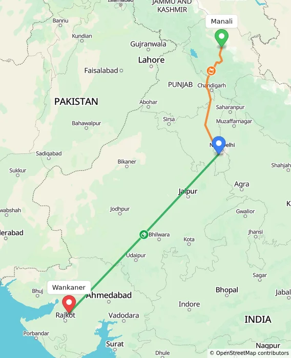 Route map showing distance and travel time from Manali, India to Wankaner, India