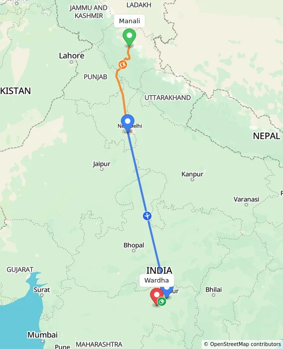 Route map showing distance and travel time from Manali, India to Wardha, India