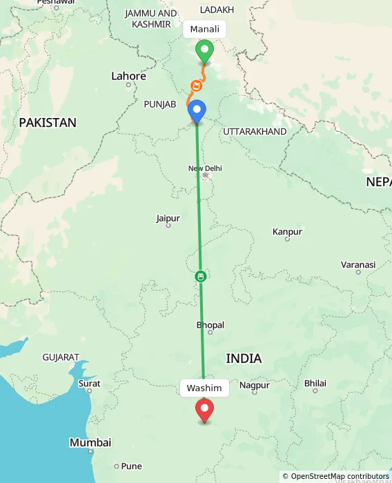 Route map showing distance and travel time from Manali, India to Washim, India