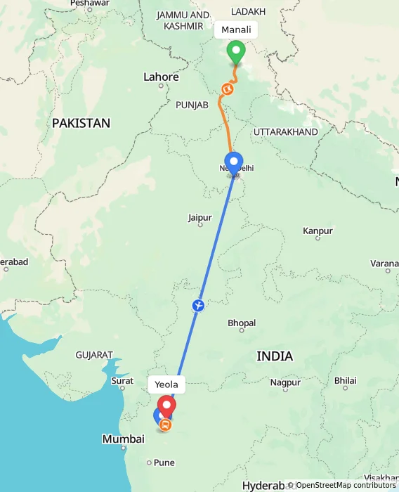 Route map showing distance and travel time from Manali, India to Yeola, India