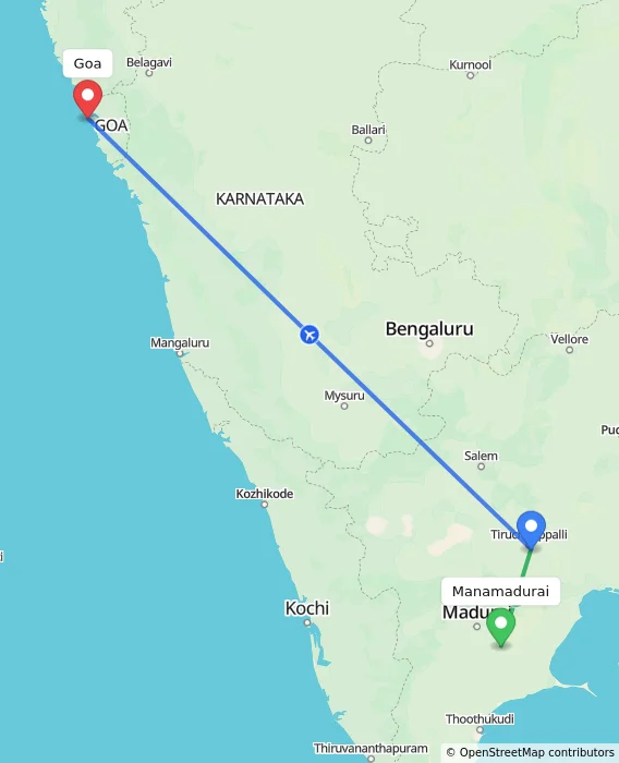 Route map showing distance and travel time from Manamadurai, India to Goa, India