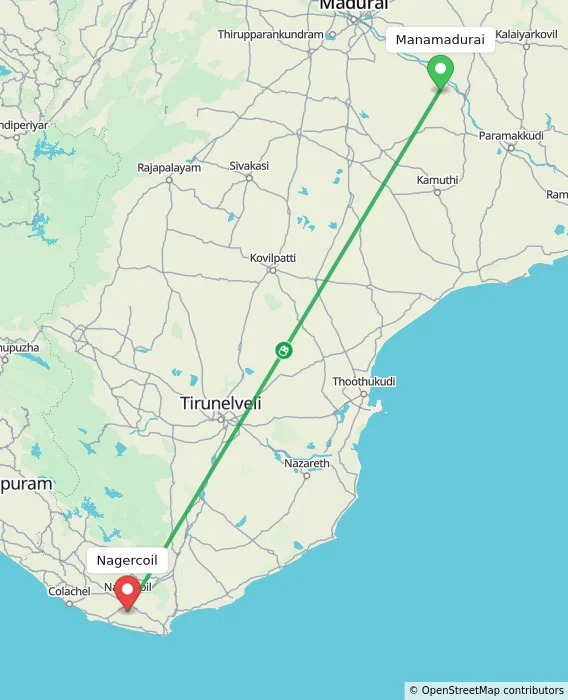 Route map showing distance and travel time from Manamadurai, India to Nagercoil, India