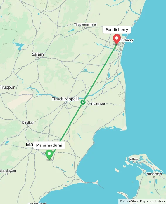 Route map showing distance and travel time from Manamadurai, India to Puducherry, India