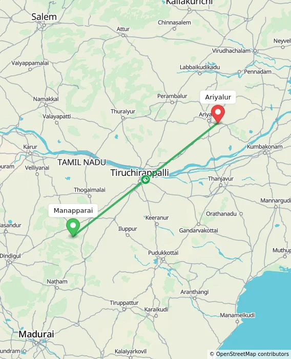 Route map showing distance and travel time from Manapparai, India to Ariyalur, India
