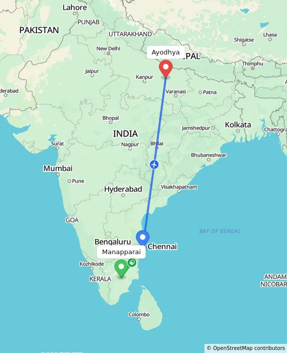 Route map showing distance and travel time from Manapparai, India to Ayodhya, India