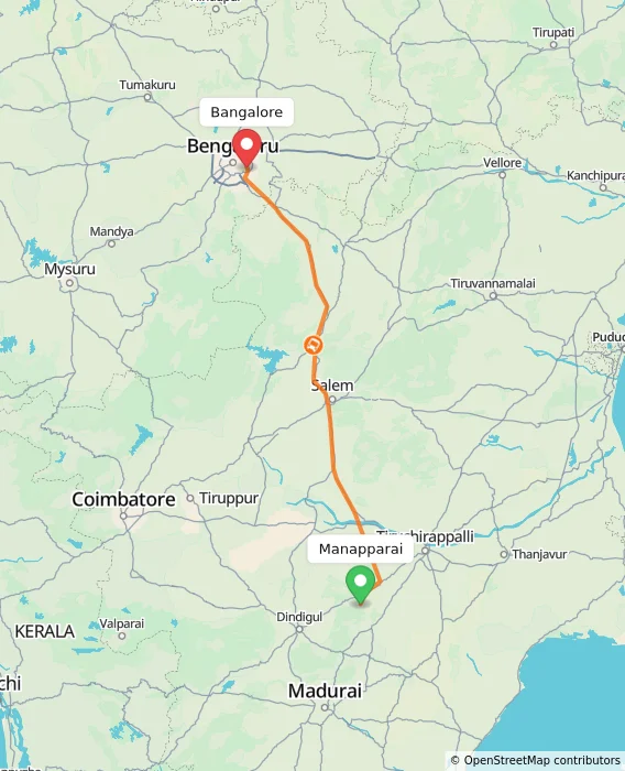 Route map showing distance and travel time from Manapparai, India to Bangalore, India