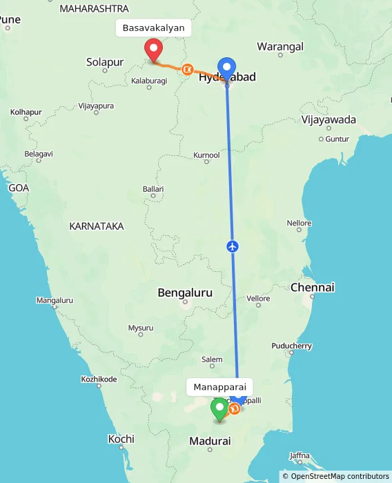 Route map showing distance and travel time from Manapparai, India to Basavakalyan, India