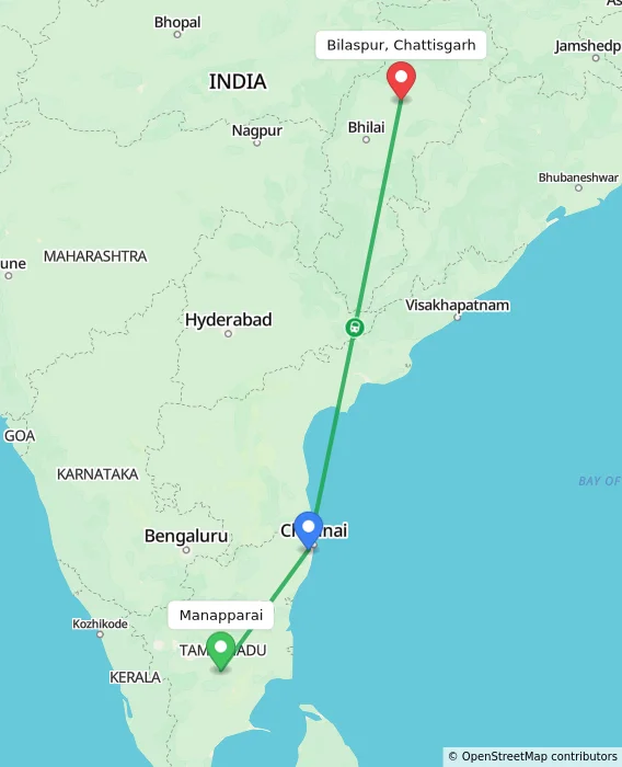 Route map showing distance and travel time from Manapparai, India to Bilaspur, Chattisgarh, India