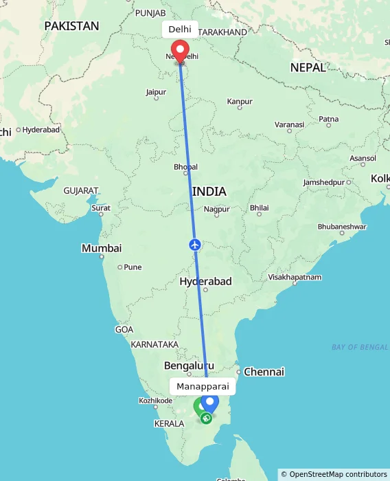 Route map showing distance and travel time from Manapparai, India to Delhi, India