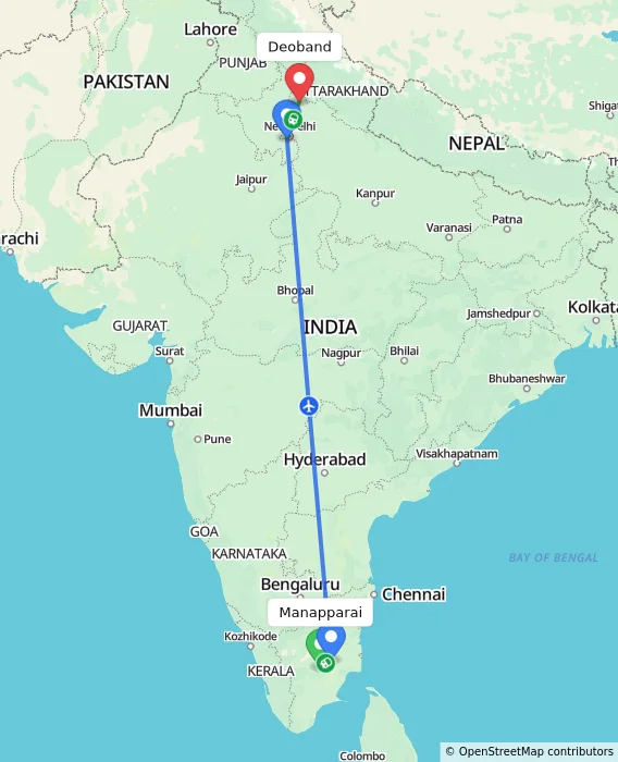 Route map showing distance and travel time from Manapparai, India to Deoband, India