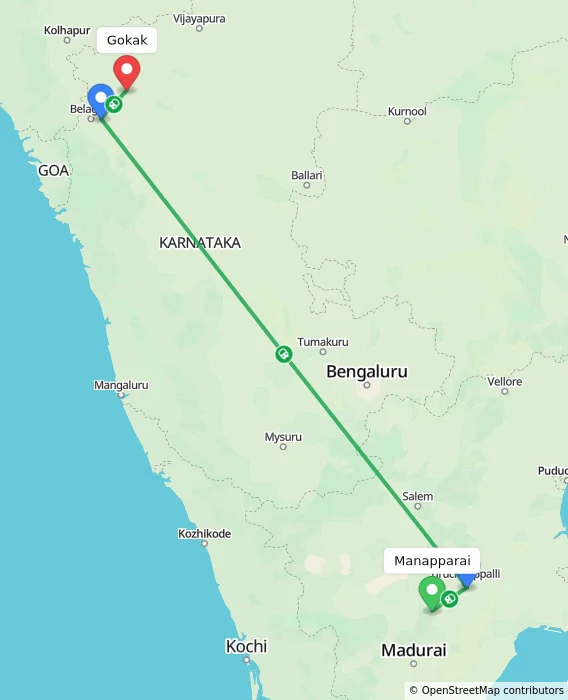 Route map showing distance and travel time from Manapparai, India to Gokak, India