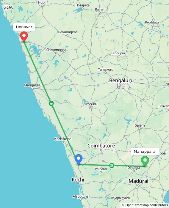 Route map showing distance and travel time from Manapparai, India to Honavar, India