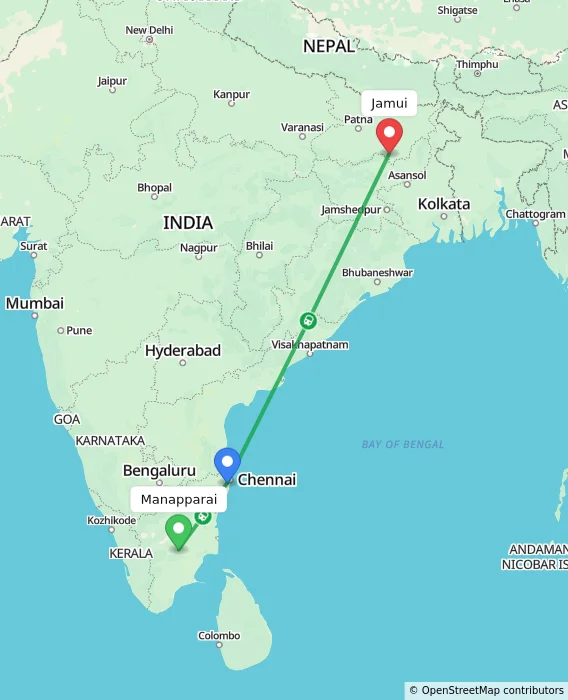 Route map showing distance and travel time from Manapparai, India to Jamui, India