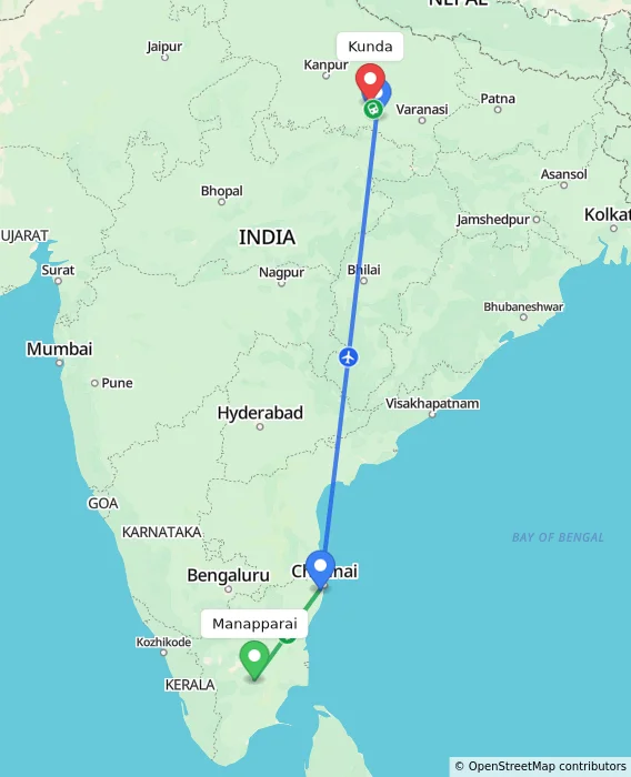 Route map showing distance and travel time from Manapparai, India to Kunda, India