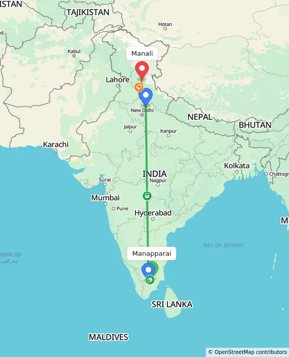 Route map showing distance and travel time from Manapparai, India to Manali, India