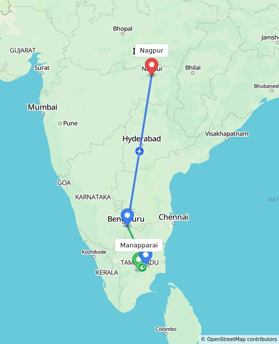 Route map showing distance and travel time from Manapparai, India to Nagpur, India
