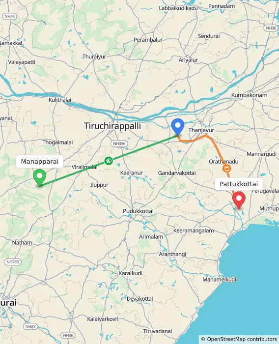 Route map showing distance and travel time from Manapparai, India to Pattukkottai, India