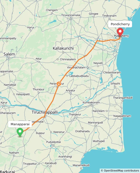 Route map showing distance and travel time from Manapparai, India to Pondicherry, India