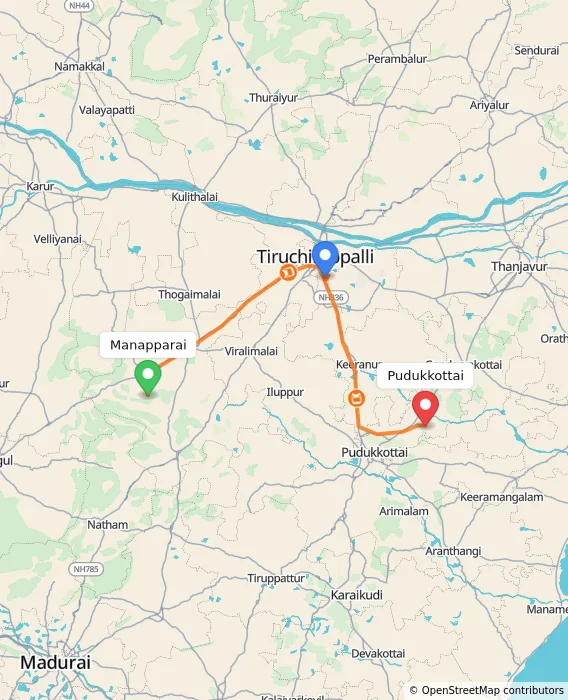 Route map showing distance and travel time from Manapparai, India to Pudukkottai, India
