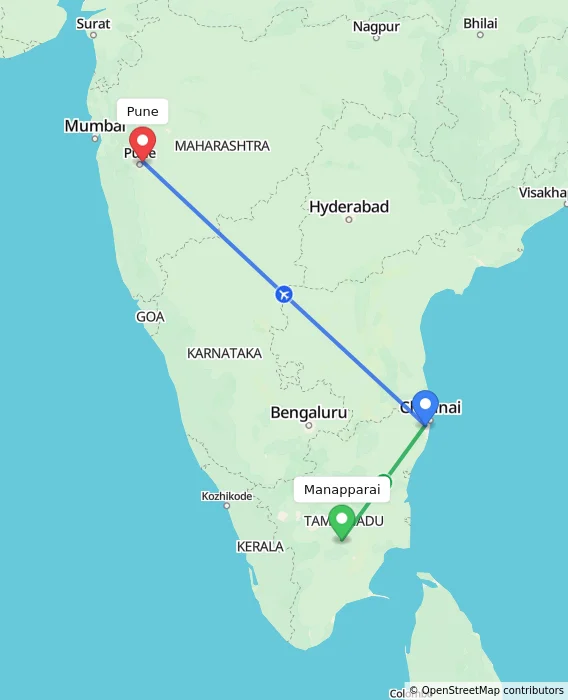 Route map showing distance and travel time from Manapparai, India to Pune, India