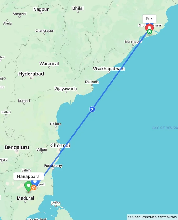Route map showing distance and travel time from Manapparai, India to Puri, India