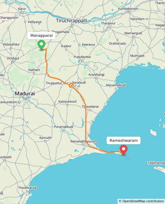 Route map showing distance and travel time from Manapparai, India to Rameshwaram, India
