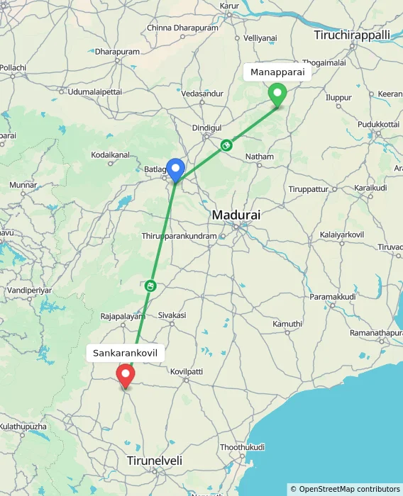 Route map showing distance and travel time from Manapparai, India to Sankarankovil, India