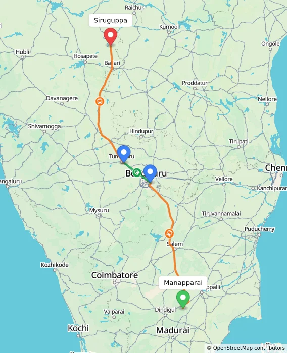 Route map showing distance and travel time from Manapparai, India to Siruguppa, India